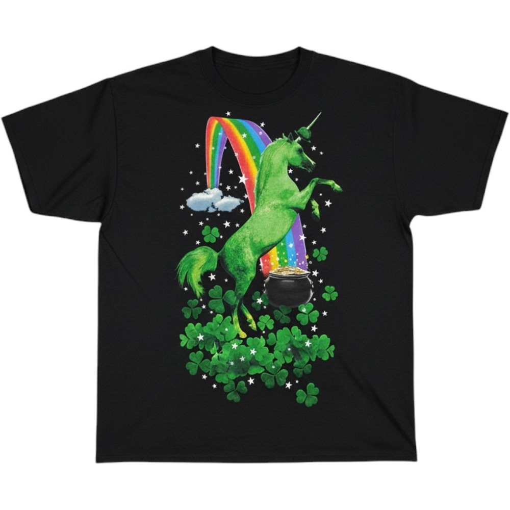 Fruit of the Loom St Patricks Day Green Unicorn Rainbow Black Graphic Tee M